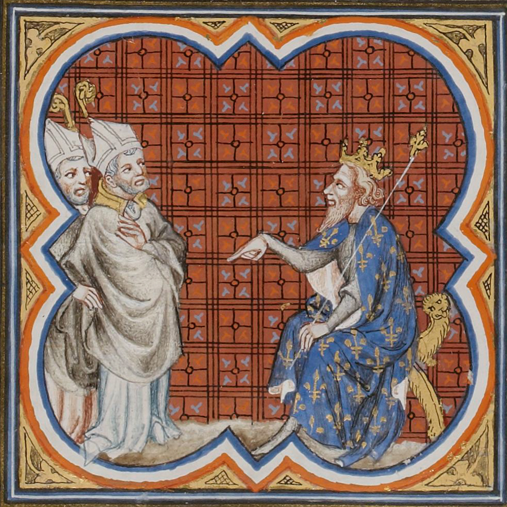 A late medieval manuscript illumination showing Bishop Gregory of Tours speaking out against King Chilperic I of the Franks